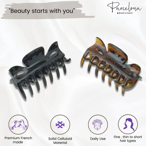 Small Hair Claw Clips Celluloid Set of 2 Tortoise Shell Black Women Girls main image 4